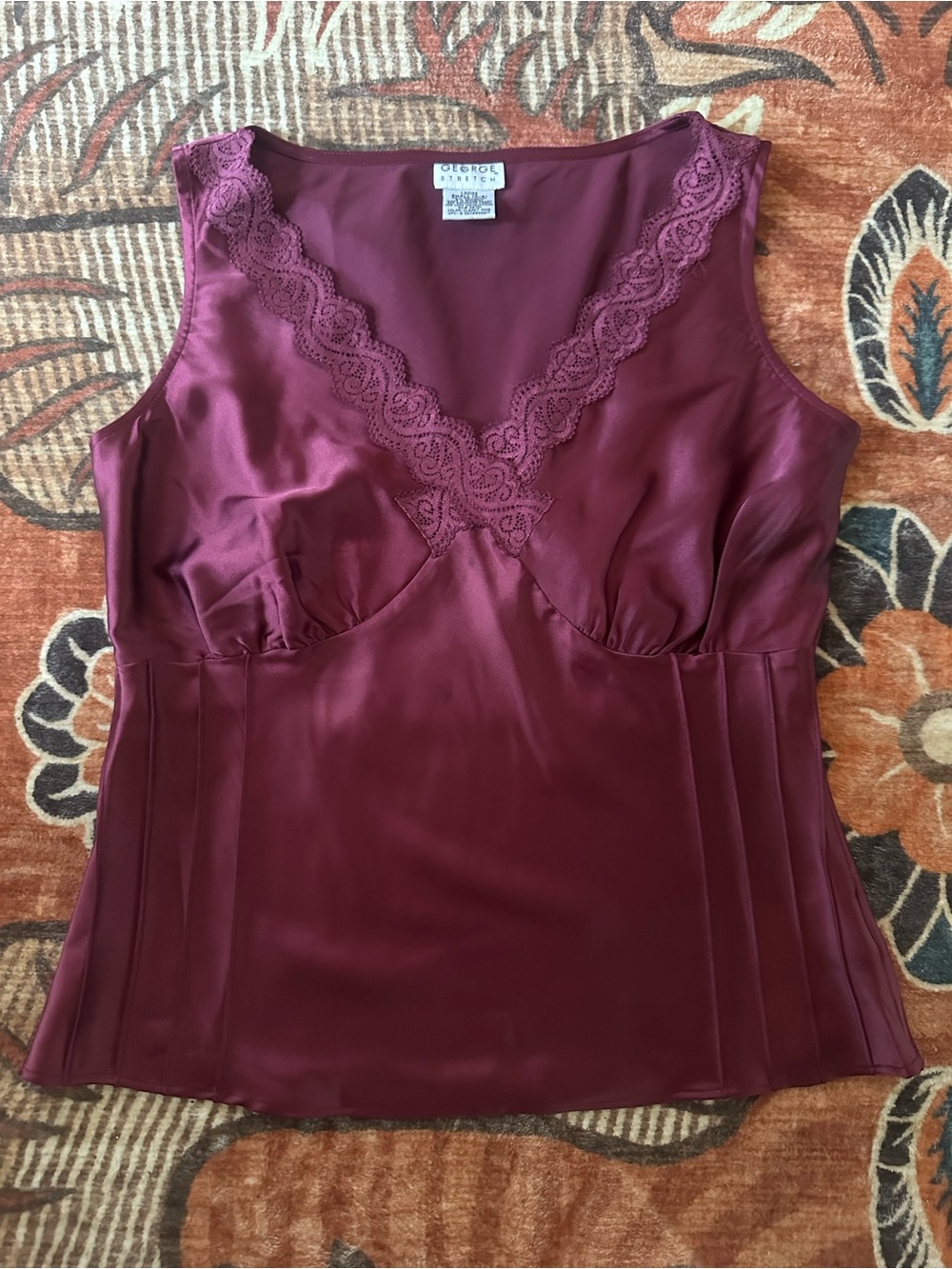 George Stretch Sleeveless Lace-Trim Satin Shell in Wine